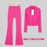 Original Embroidered  Short Stand Collar Jacket and Flared Pants Set Slim Fit Casual Yoga Stretch