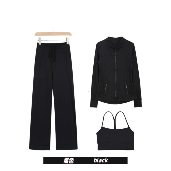 Original Embroidered  Straight Pants, Y-Back Vest, Stand-Up Collar Jacket Set, Barely-there Fitness Sports Bra with Beautiful Back Design