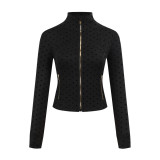 The same model as Define, original label black polka dot stand-up collar jacket, sports yoga wear, fitness slim-fit outerwear with embossed logo