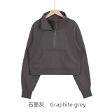 Original Embroidered  Sweatshirt for Women, High Collar, Half-Zip, Loose Fit, Fleece-Lined, Long Sleeve, for Sports and Fitness