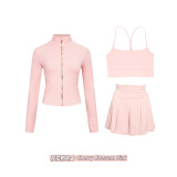 Original Embroidered  Short Jacket, Gold Y-Back Vest, Short Skirt Set, Yoga Sportswear, Full Zip Slim Fit