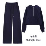 Original Embroidered  Hooded Loose Half-Zip Sweatshirt Set for Women, Fleece-Lined Sports Jacket, Yoga Wear