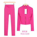 Original Embroidered  Short Stand-up Collar Jacket and Cropped Pants Set, Slim Fit, Waist-Cinching, Slimming, for Sports and Fitness