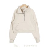 Original Embroidered  Sweatshirt for Women, High Collar, Half-Zip, Loose Fit, Fleece-Lined, Long Sleeve, for Sports and Fitness