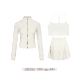 Original Embroidered  Short Jacket, Gold Y-Back Vest, Short Skirt Set, Yoga Sportswear, Full Zip Slim Fit
