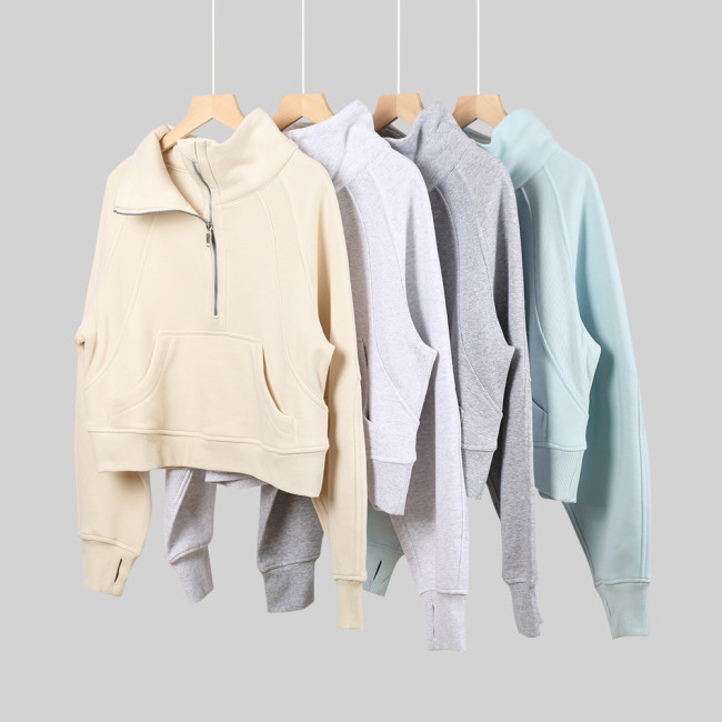 Original Embroidered  Sweatshirt for Women, High Collar, Half-Zip, Loose Fit, Fleece-Lined, Long Sleeve, for Sports and Fitness