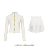 Original Embroidered  Short Stand Collar Gold Jacket and Skirt Set for Yoga and Sports, Slim Fit Cardigan Short Style