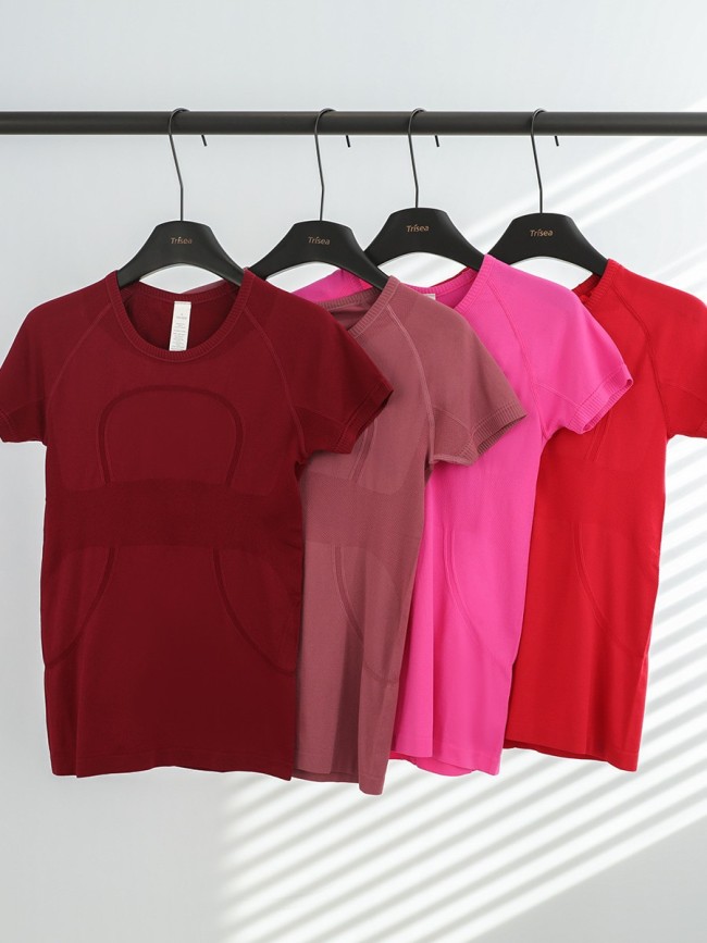 Original Embroidered 1.0 Short-Sleeve High-Elastic Seamless Sports T-Shirt for Fitness, Comfortable Knit Top for Yoga