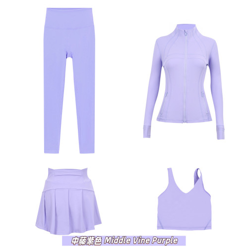 Original embroidered  stand-up collar jacket, short skirt, cropped pants, U-shaped tank top four-piece slim-fit yoga outfit