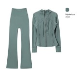 Original Embroidered  Hooded Jacket Flared Pants Set Slim Fit Jacket Stretchy Sports Running Wear