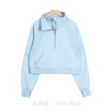 Original Embroidered  Sweatshirt for Women, High Collar, Half-Zip, Loose Fit, Fleece-Lined, Long Sleeve, for Sports and Fitness