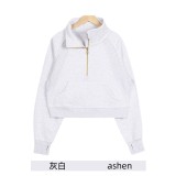 Original Embroidered  Sweatshirt for Women, High Collar, Half-Zip, Loose Fit, Fleece-Lined, Long Sleeve, for Sports and Fitness