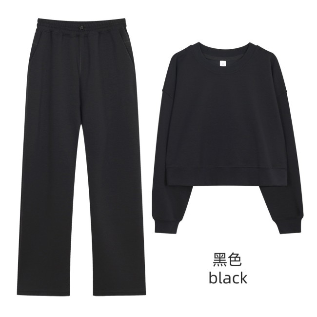 Original Embroidered  Short Round-Neck Sweatshirt Air Layer Set Long Sleeve Versatile High-Waisted Fitness Yoga Outfit