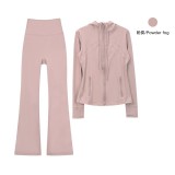 Original Embroidered  Hooded Jacket Flared Pants Set Slim Fit Jacket Stretchy Sports Running Wear