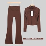 Original Embroidered  Short Stand Collar Jacket and Flared Pants Set Slim Fit Casual Yoga Stretch