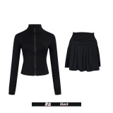 Original Embroidered  Short Stand Collar Gold Jacket and Skirt Set for Yoga and Sports, Slim Fit Cardigan Short Style