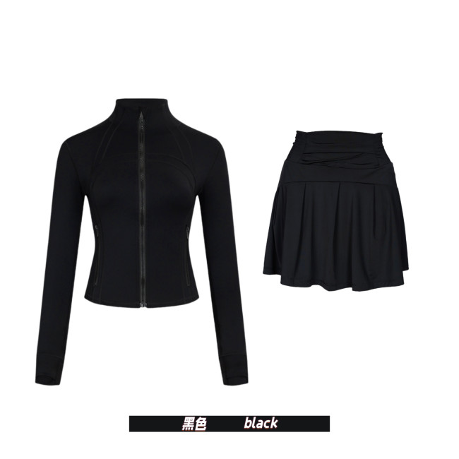 Original Embroidered  Short Stand Collar Gold Jacket and Skirt Set for Yoga and Sports, Slim Fit Cardigan Short Style