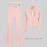 Original Embroidered  Short Stand Collar Jacket and Flared Pants Set Slim Fit Casual Yoga Stretch