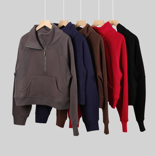 Original Embroidered  Sweatshirt for Women, High Collar, Half-Zip, Loose Fit, Fleece-Lined, Long Sleeve, for Sports and Fitness