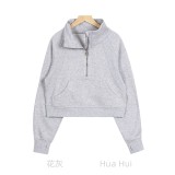Original Embroidered  Sweatshirt for Women, High Collar, Half-Zip, Loose Fit, Fleece-Lined, Long Sleeve, for Sports and Fitness