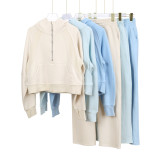 Original Embroidered  Hooded Loose Half-Zip Sweatshirt Set for Women, Fleece-Lined Sports Jacket, Yoga Wear