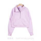 Original Embroidered  Sweatshirt for Women, High Collar, Half-Zip, Loose Fit, Fleece-Lined, Long Sleeve, for Sports and Fitness
