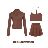 Original Embroidered  Short Jacket, Gold Y-Back Vest, Short Skirt Set, Yoga Sportswear, Full Zip Slim Fit