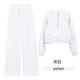Original Embroidered  Hooded Loose Half-Zip Sweatshirt Set for Women, Fleece-Lined Sports Jacket, Yoga Wear