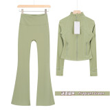 Original Embroidered  Short Stand Collar Jacket and Flared Pants Set Slim Fit Casual Yoga Stretch