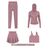 Original Embroidered  Hooded Jacket, Short Skirt, U-Back Tank Top, Cropped Pants Four-Piece Slim-Fit Outfit