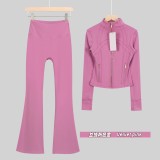 Original Embroidered  Short Stand Collar Jacket and Flared Pants Set Slim Fit Casual Yoga Stretch