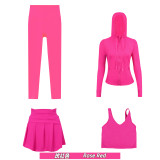 Original Embroidered  Hooded Jacket, Short Skirt, U-Back Tank Top, Cropped Pants Four-Piece Slim-Fit Outfit