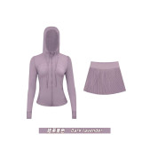 Original Embroidered  Accordion Skirt Hooded Short Jacket Set Anti-Exposure Yoga Slim Fit Stretchy