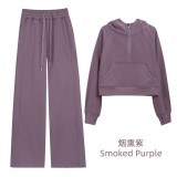 Original Embroidered  Hooded Loose Half-Zip Sweatshirt Set for Women, Fleece-Lined Sports Jacket, Yoga Wear