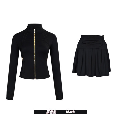 Original Embroidered  Short Stand Collar Gold Jacket and Skirt Set for Yoga and Sports, Slim Fit Cardigan Short Style
