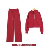 Original Embroidered  Stand Collar Half-Zip Sweatshirt Straight-Leg Suit Women's Slim-Fit Stretchy Sportswear