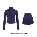 Original Embroidered  Short Stand Collar Gold Jacket and Skirt Set for Yoga and Sports, Slim Fit Cardigan Short Style