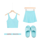 Original embroidered  thick-soled EVA sandals, U-shaped tank top, short skirt set, anti-exposure, women's summer wear