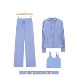 Original Embroidered  Straight Pants U-Back Tank Top Hooded Jacket Set Nude Feel Fitness Sports Bra with Beautiful Back Design