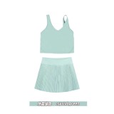 Original Embroidered  Accordion Skirt U-Neck Tank Top Set with Chest Pads, Anti-Exposure Accordion Skirt for Yoga