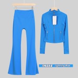Original Embroidered  Short Stand Collar Jacket and Flared Pants Set Slim Fit Casual Yoga Stretch