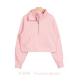 Original Embroidered  Sweatshirt for Women, High Collar, Half-Zip, Loose Fit, Fleece-Lined, Long Sleeve, for Sports and Fitness