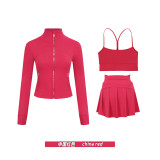 Original Embroidered  Short Jacket, Gold Y-Back Vest, Short Skirt Set, Yoga Sportswear, Full Zip Slim Fit