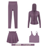 Original Embroidered  Hooded Jacket, Short Skirt, U-Back Tank Top, Cropped Pants Four-Piece Slim-Fit Outfit