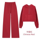Original Embroidered  Hooded Loose Half-Zip Sweatshirt Set for Women, Fleece-Lined Sports Jacket, Yoga Wear