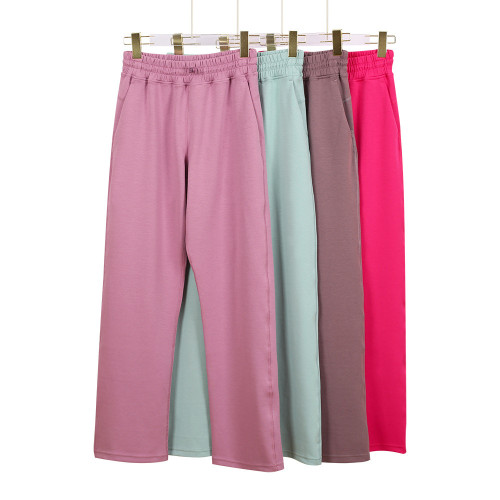 Original Embroidered  High-Waisted Air Layer Pants with Drawstring, Loose Fit, Double Side Pockets, Modal Slight Flare Yoga Pants