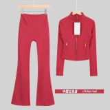Original Embroidered  Short Stand Collar Jacket and Flared Pants Set Slim Fit Casual Yoga Stretch