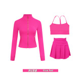 Original Embroidered  Short Jacket, Gold Y-Back Vest, Short Skirt Set, Yoga Sportswear, Full Zip Slim Fit