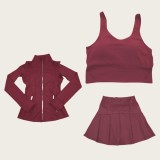 Original Embroidered  Jacket, Gold Short Skirt, U-shaped Bra with Chest Pads, Sports Fitness Nude Feel Three-piece Set