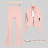 Original Embroidered  Short Stand Collar Jacket and Flared Pants Set Slim Fit Casual Yoga Stretch